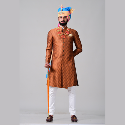 Royal Rust Orange Brocade Punjabi Style Sherwani