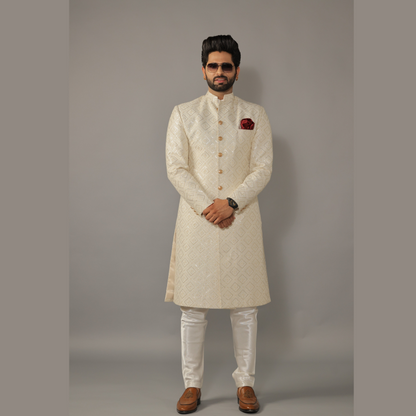 Square Pattern Embroidered White Sherwani for Men | Father Son Combo | Sequin Work | Perfect Groom Wear