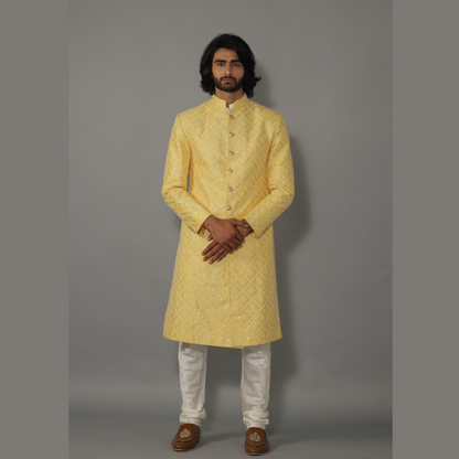 Square Pattern Embroidered Yellow Sherwani With Off White Churidar