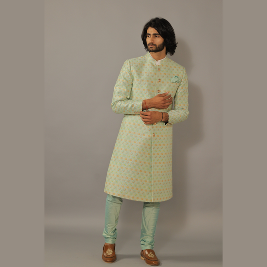 Stunning Mint Green Floral Pattern Sherwani Achkan for Men