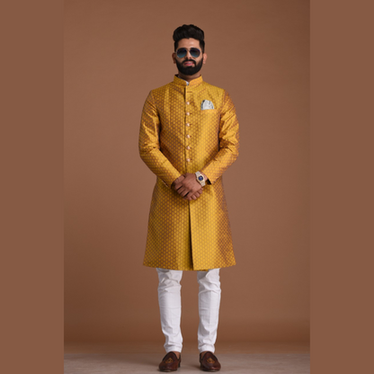 Golden Diamond Shape Maharaja Style Brocade Silk Sherwani