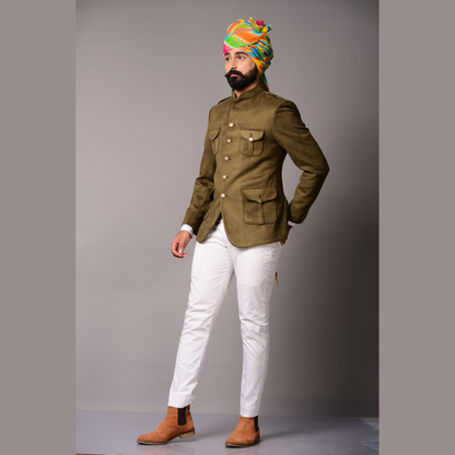 Four Pocket Olive Green Hunting Style Faux Suede Bandhgala Blazer only