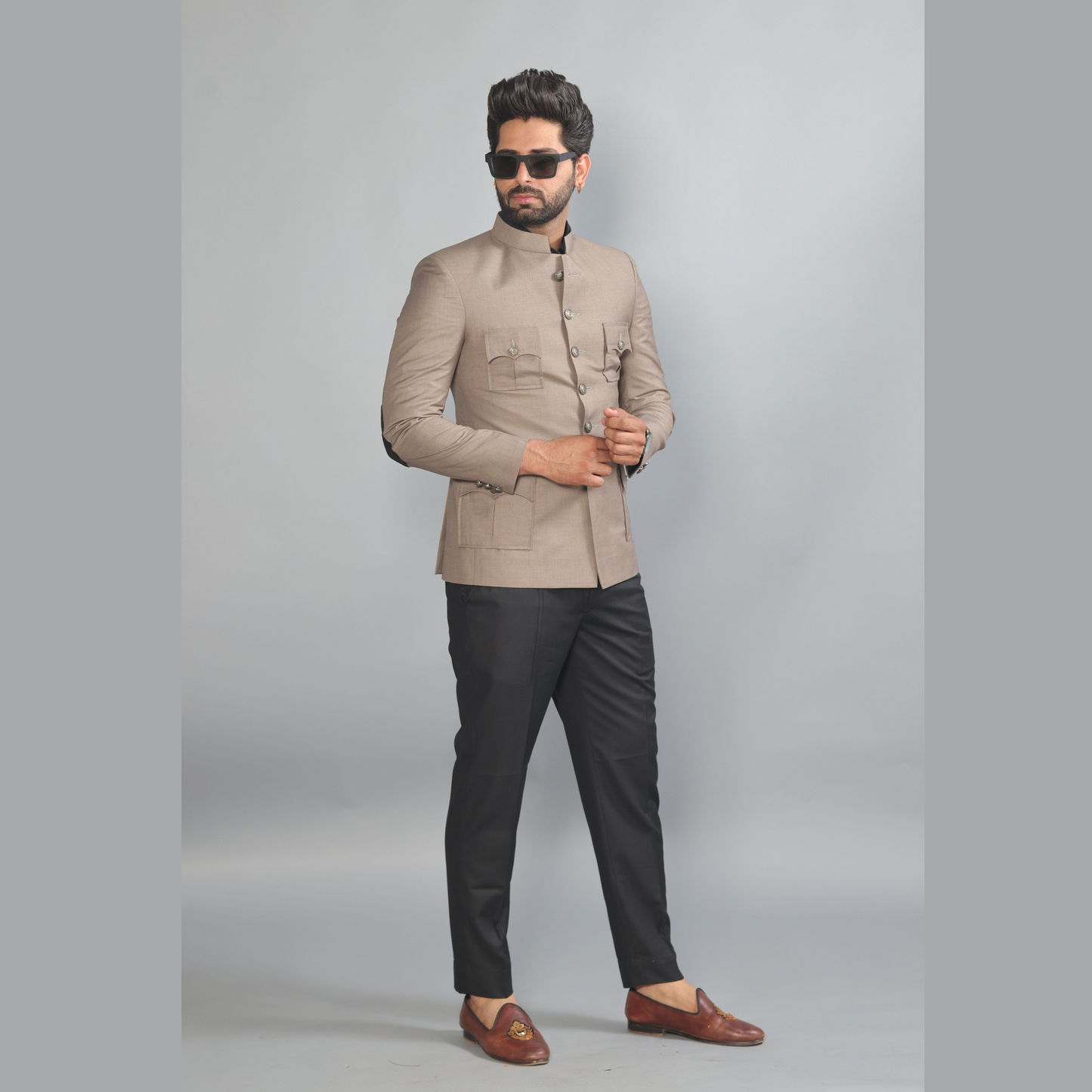 Bespoke Mink Brown Jodhpuri Bandhgala Suit For Men | Black Trouser |