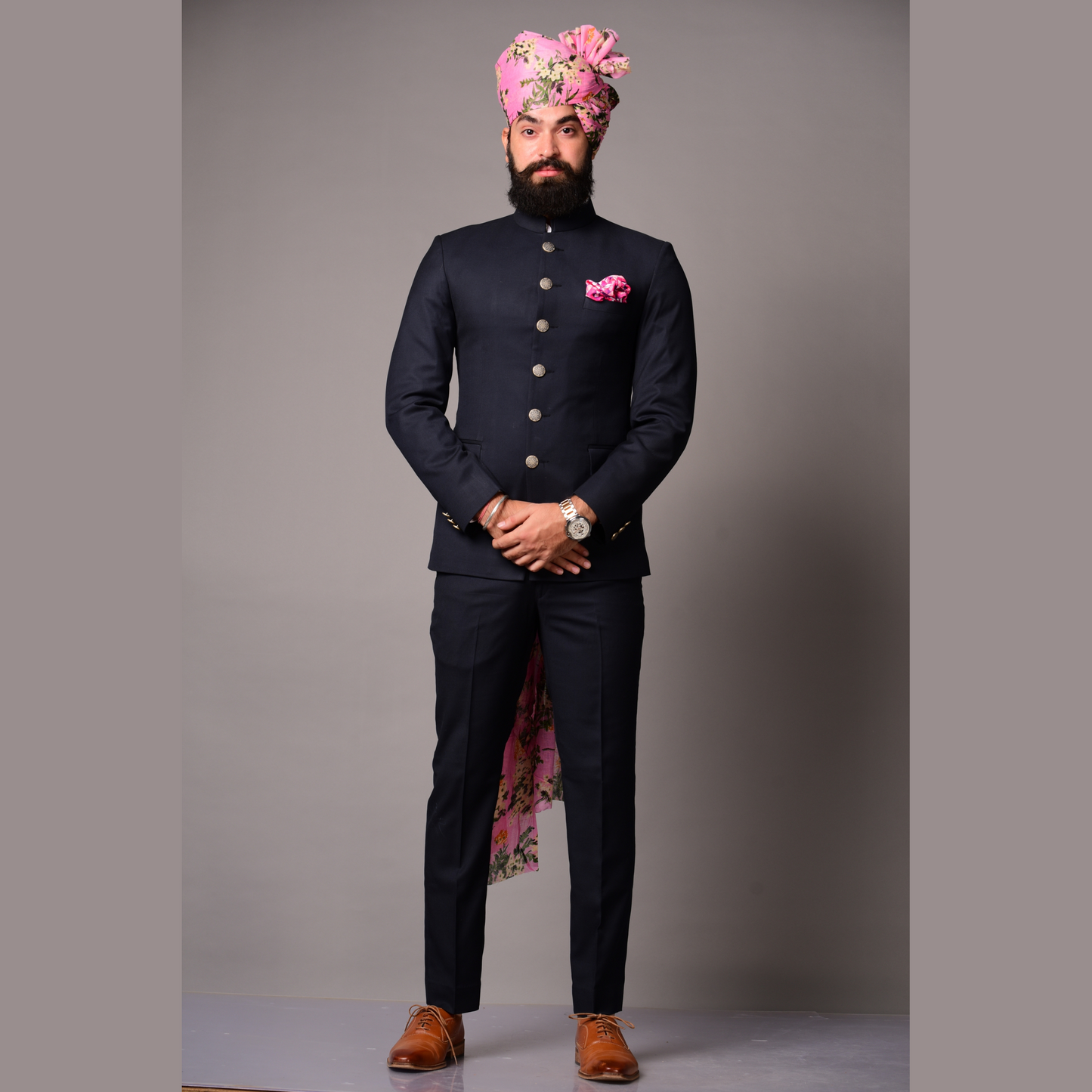 Bespoke Navy Blue Jodhpuri Bandgala Suit for Men