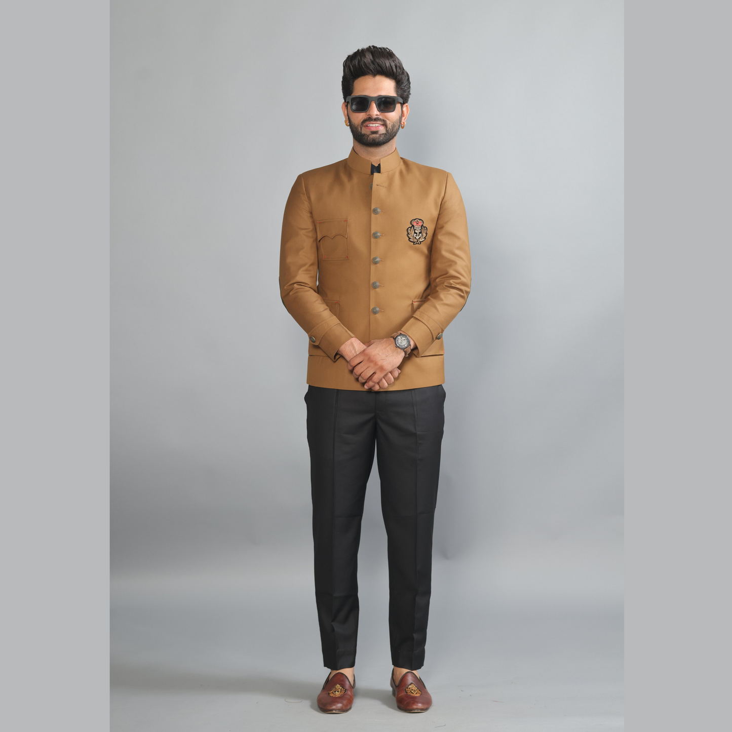 Camel Brown Jodhpuri Bandhgala With Zardozi Embroidered Patch | Black Trouser |