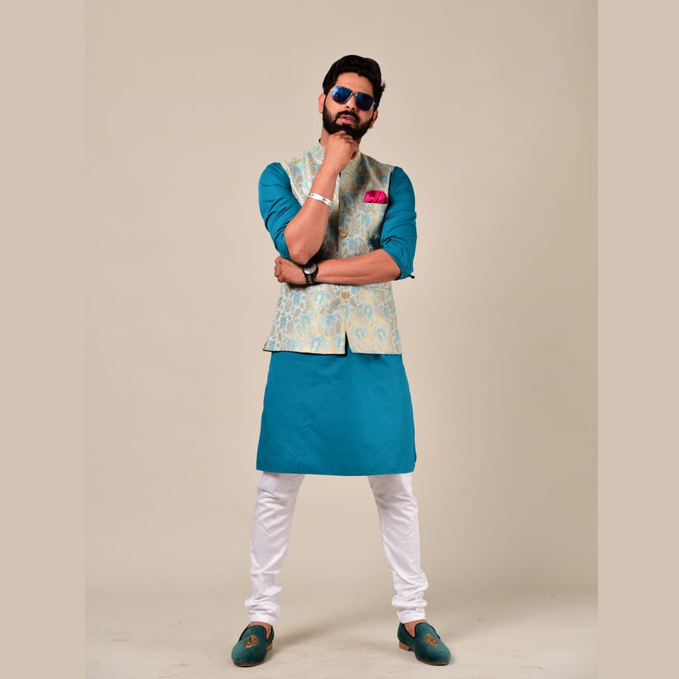 sky blue Banarasi Nehru Jacket