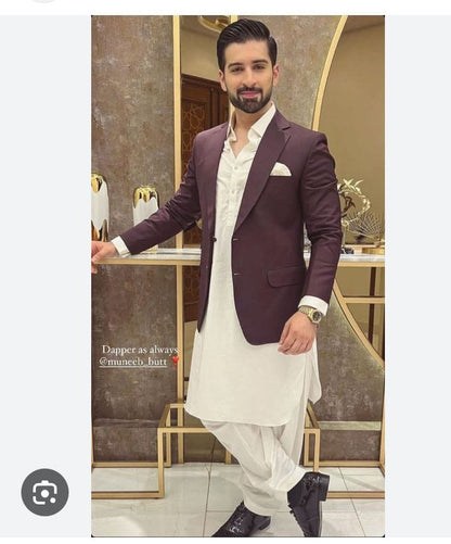 Off-white Pathani Kurta-Salwar Set With Dark Purple Blazer