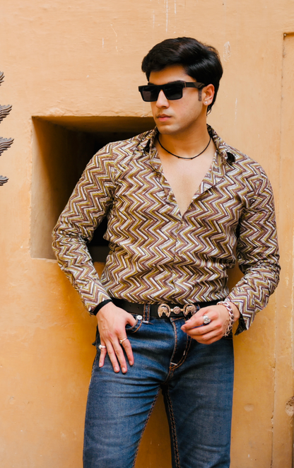 Cedar Brown Sanganeri Zigzag Printed Shirt