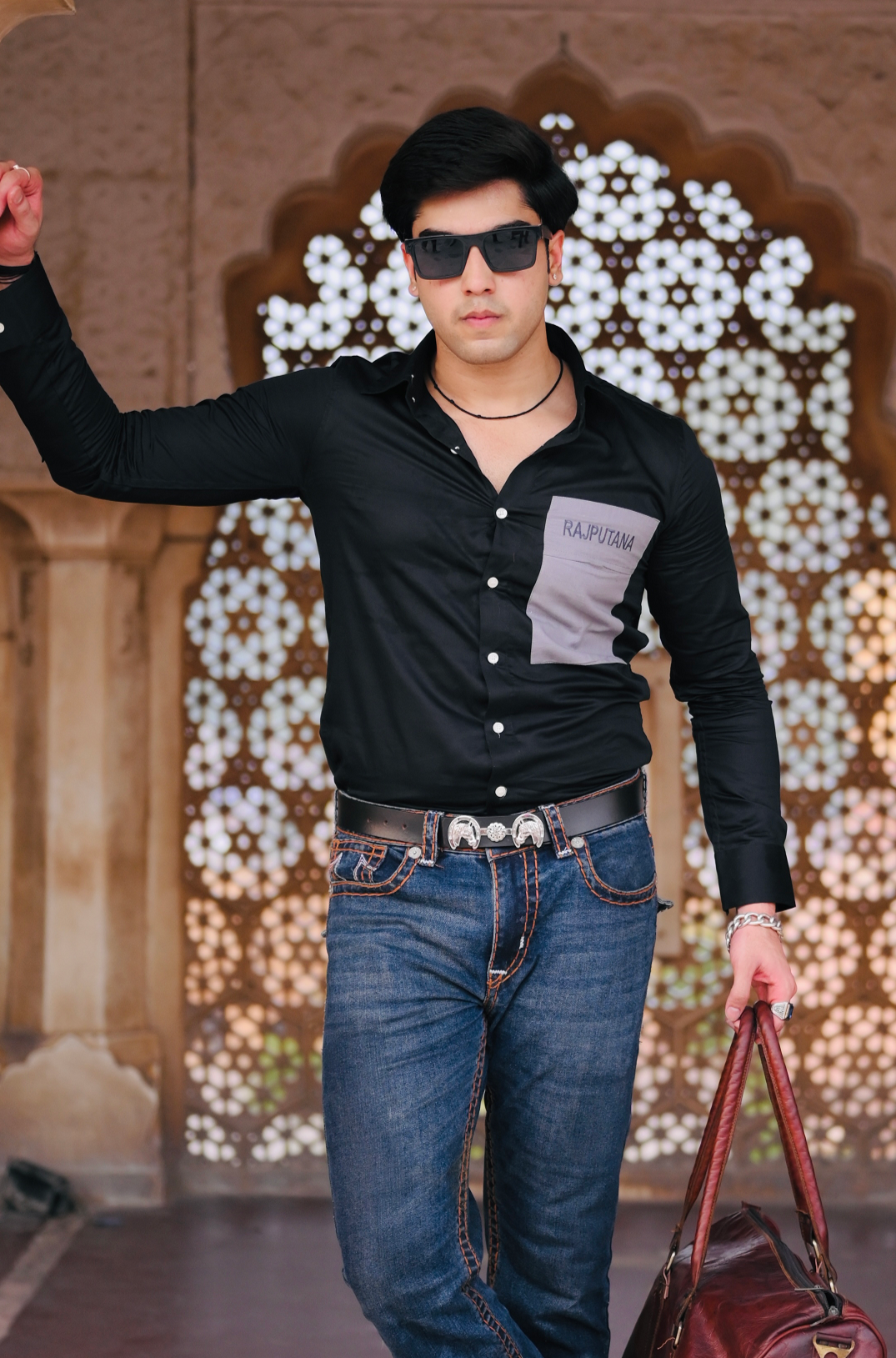 Jade Black Premium Rajputana Shirt with Grey Patch Pocket