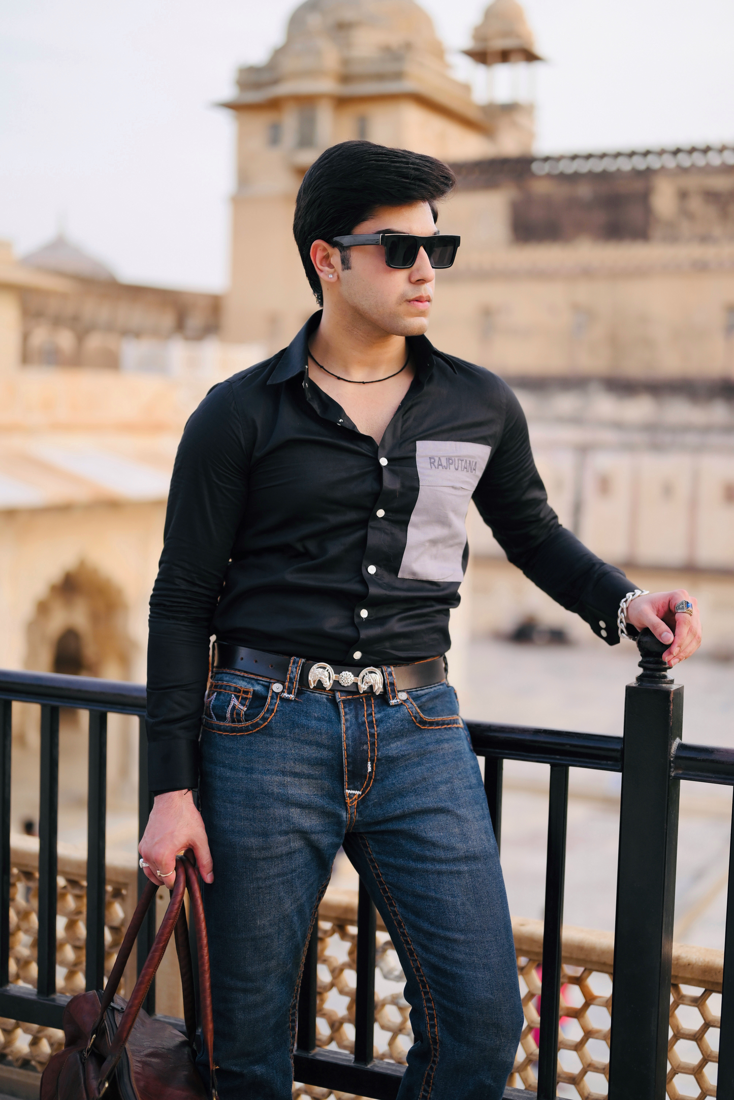 Jade Black Premium Rajputana Shirt with Grey Patch Pocket