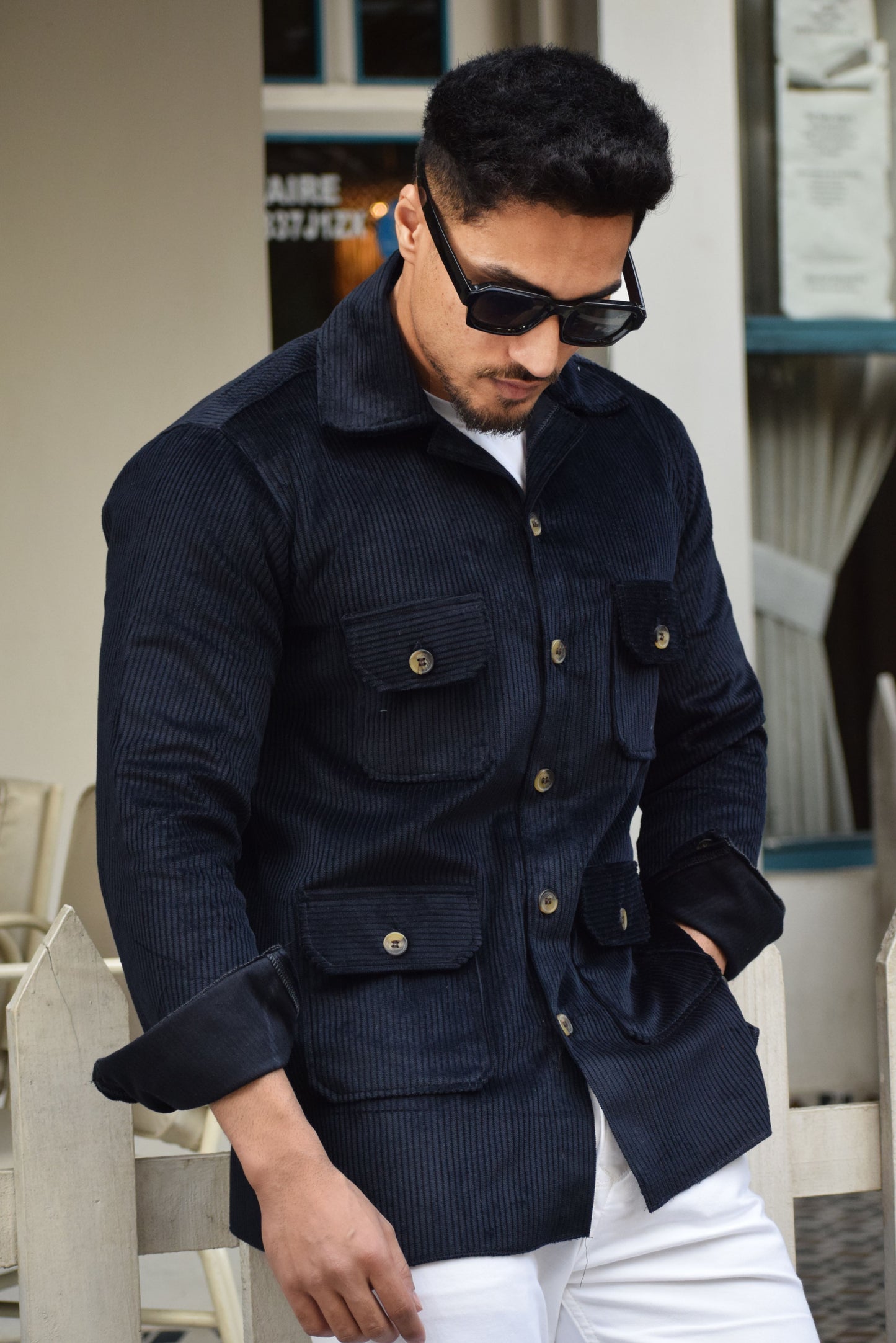 Navy Blue Corduroy Hunting Shacket for Men