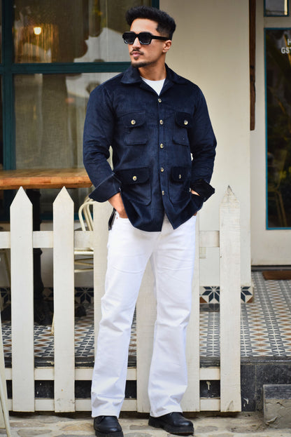 Navy Blue Corduroy Hunting Shacket for Men