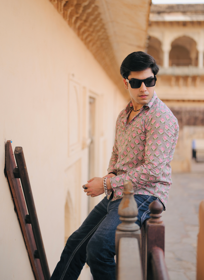 Thunder Grey Sanganeri Booti Print Shirt