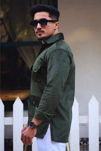 Dark-Green Corduroy Hunting Shacket for Men