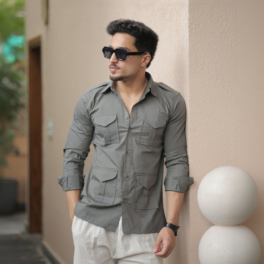 Rajanyas Four-Pocket Rustic Grey Hunting Shirt with Elbow Patch