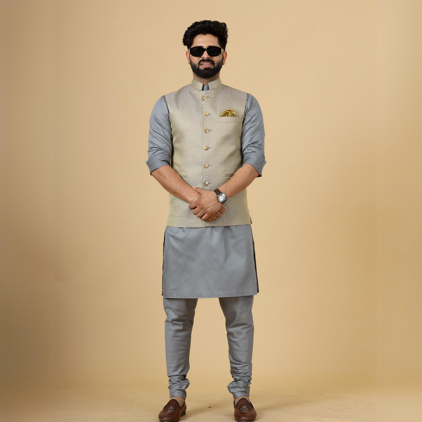 Classic Golden-Grey Brocade Silk Half Jodhpuri Jacket with Slate Grey Kurta-Pajama for Men