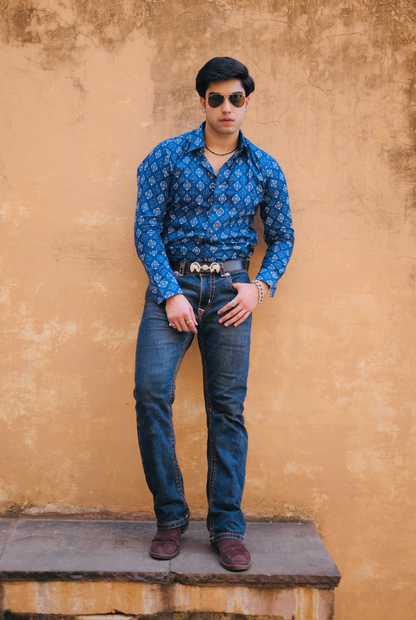 Sanganeri Printed Navy Blue Shirt