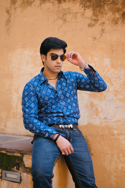 Sanganeri Printed Navy Blue Shirt