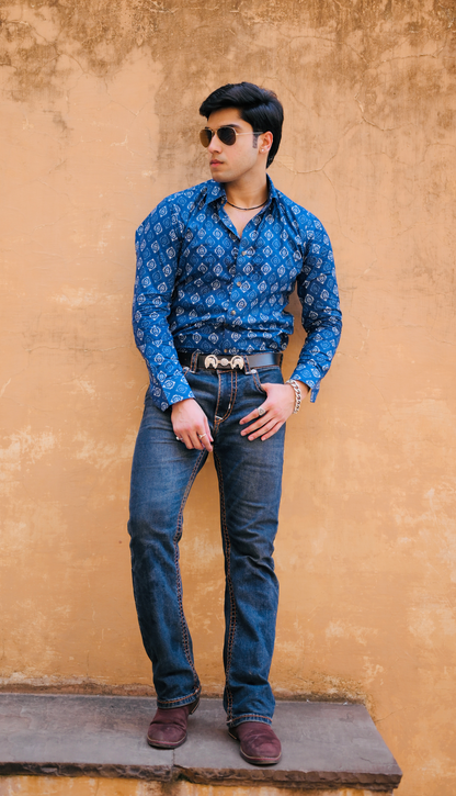 Sanganeri Printed Navy Blue Shirt