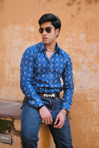 Sanganeri Printed Navy Blue Shirt