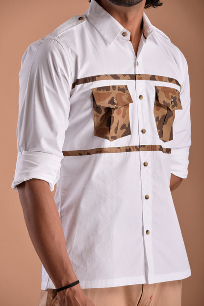 Classic White Hunting Style Shirt with Camouflage pockets