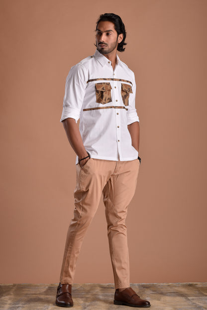 Classic White Hunting Style Shirt with Camouflage pockets