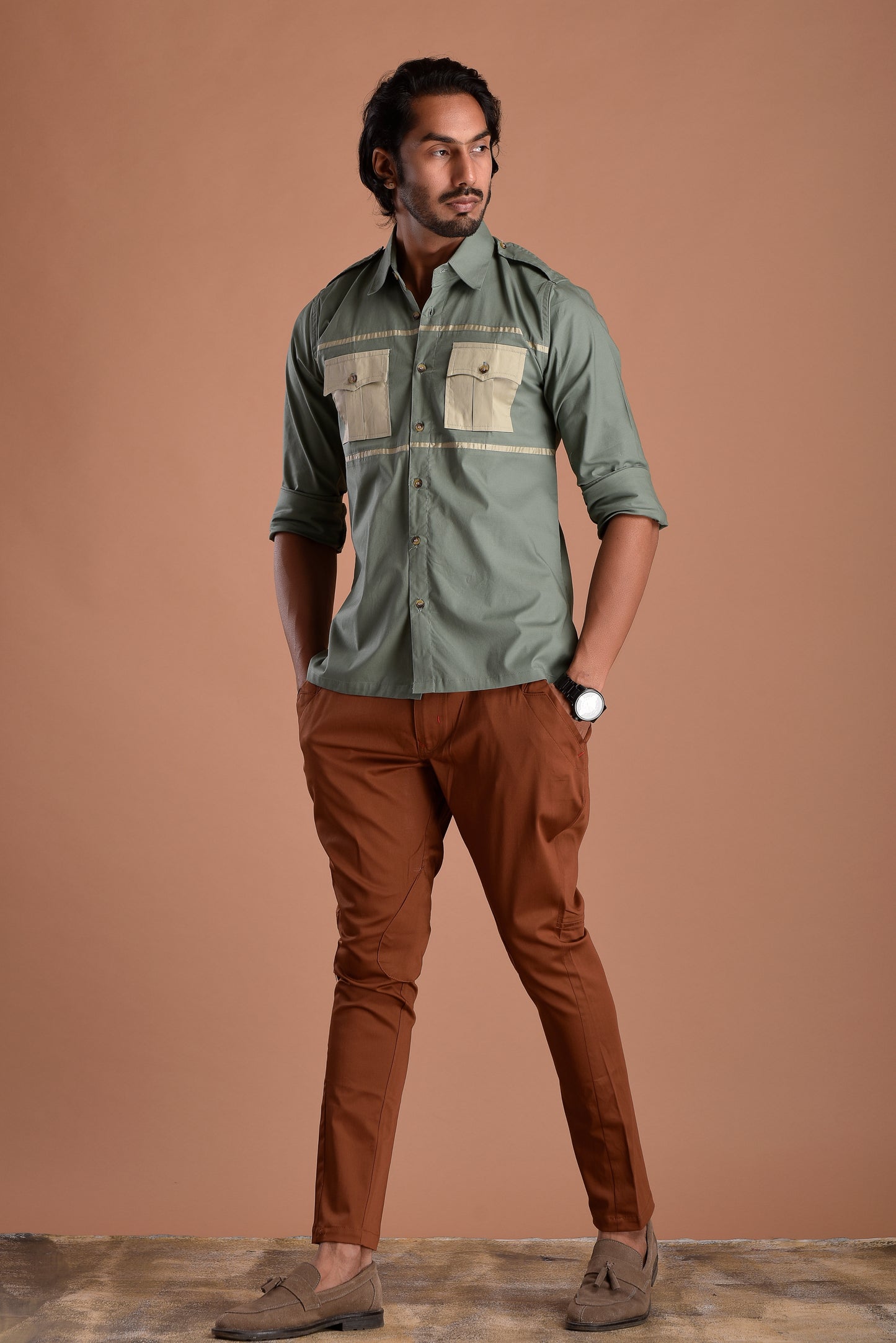 Stylish Basil Green Hunting Style Shirt