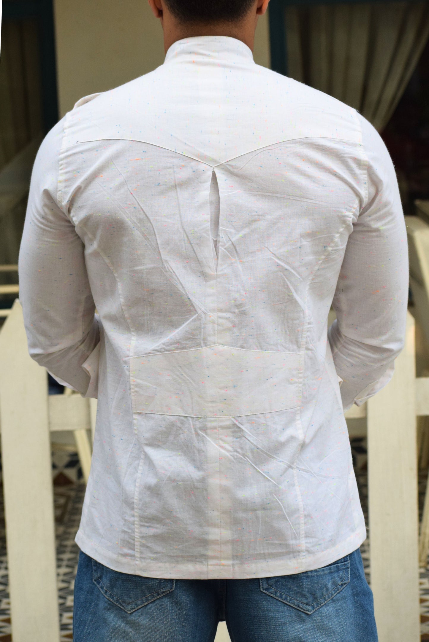 White Cotton Self-Print Hunting Style Shirt