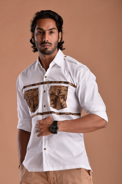 Classic White Hunting Style Shirt with Camouflage pockets