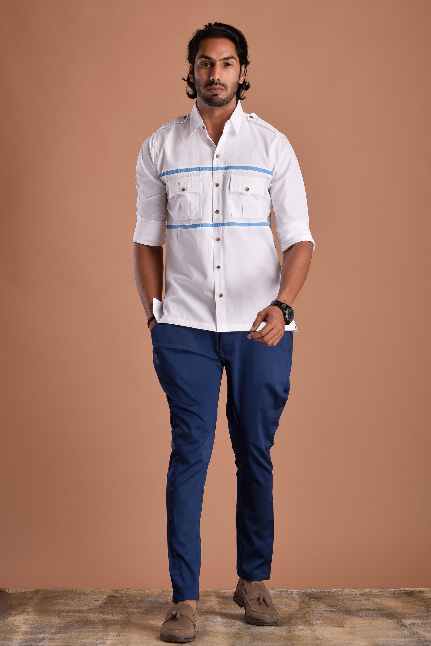 Stylish White Hunting Shirt with Blue Strip