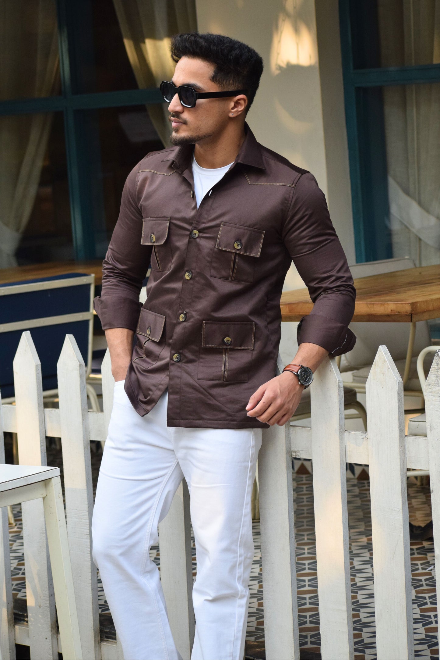 Brunette-Brown cotton blend Hunting Style Shirt