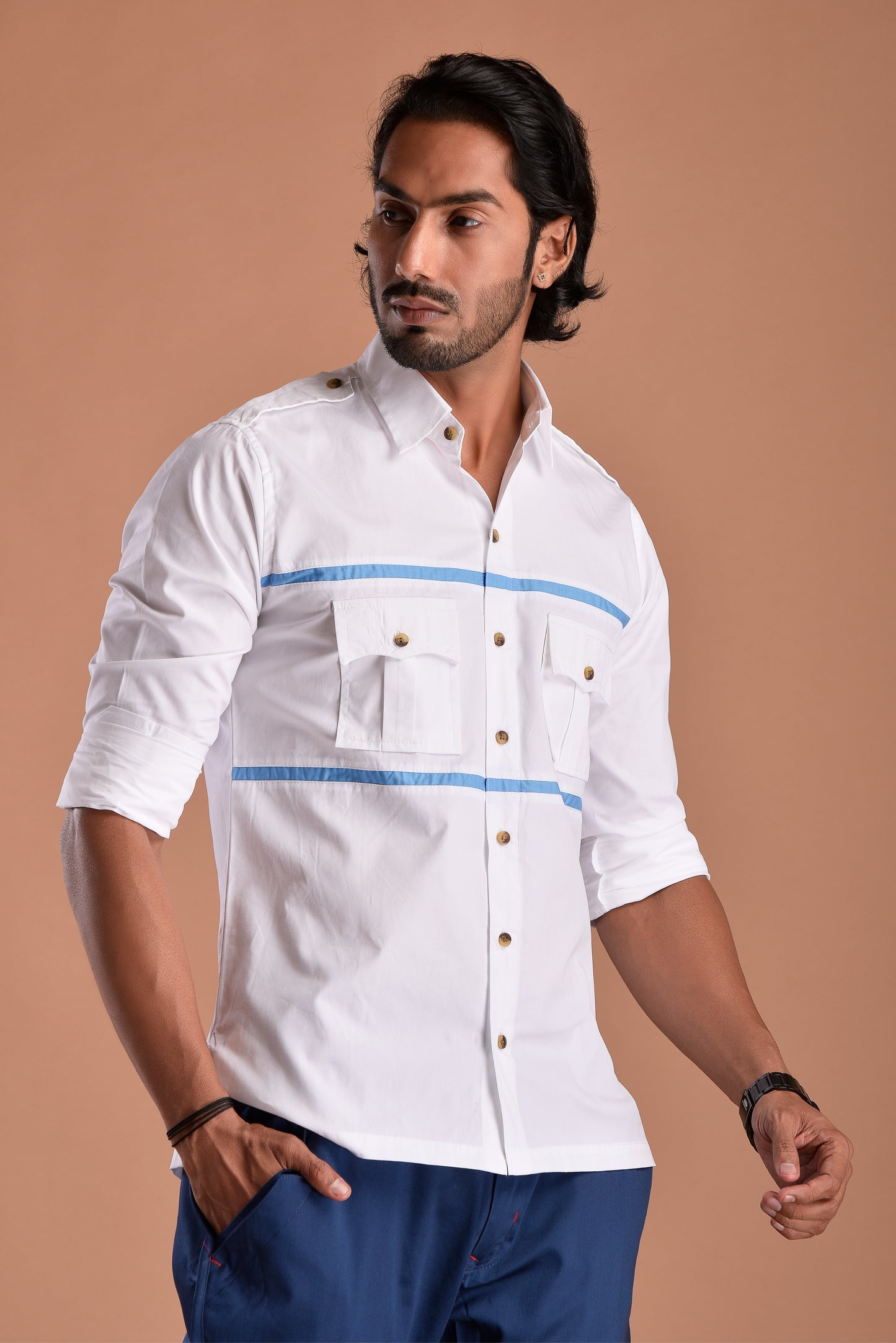 Stylish White Hunting Shirt with Blue Strip