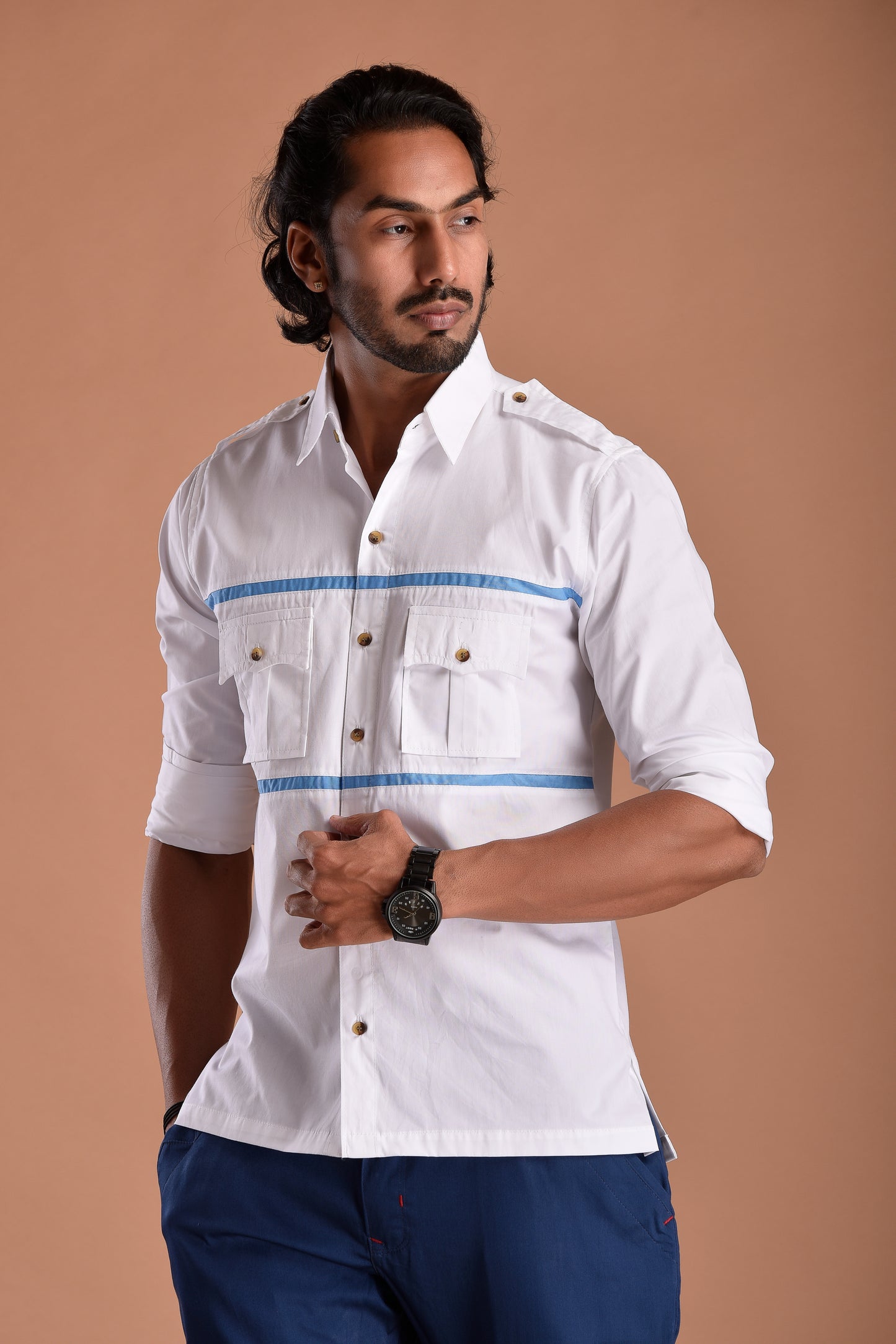 Stylish White Hunting Shirt with Blue Strip