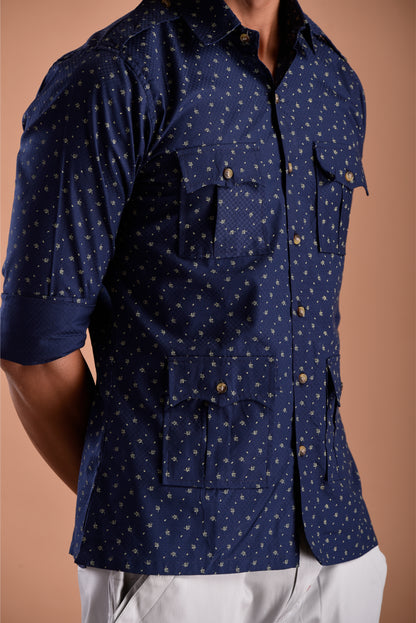 Sapphire Blue Hunting Style Cotton printed Shirt