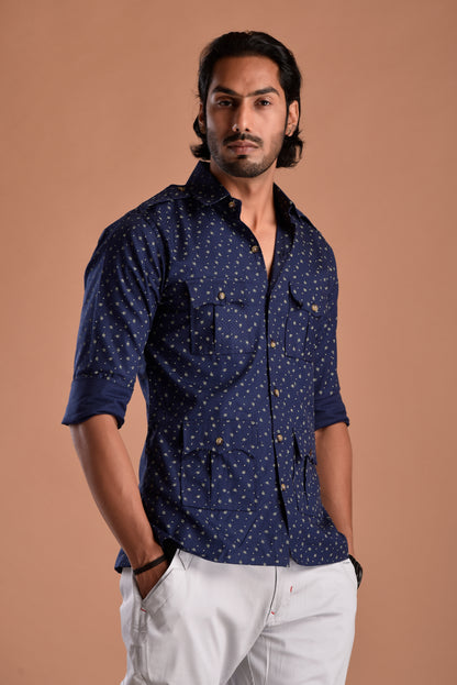 Sapphire Blue Hunting Style Cotton printed Shirt