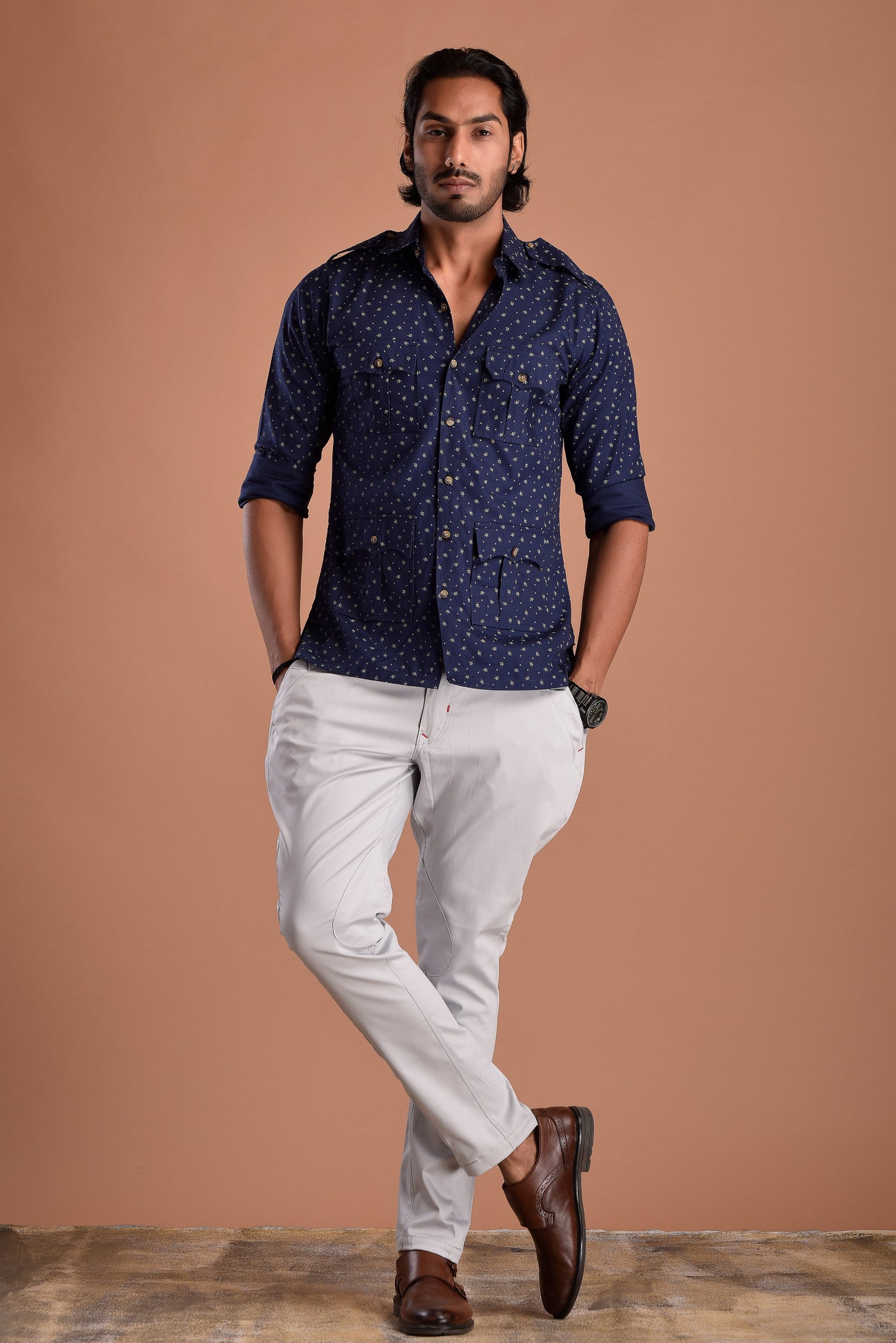 Sapphire Blue Hunting Style Cotton printed Shirt