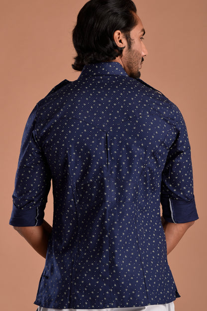 Sapphire Blue Hunting Style Cotton printed Shirt