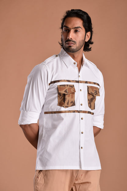 Classic White Hunting Style Shirt with Camouflage pockets