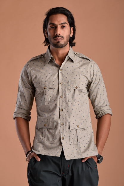 Green Tint Hunting Style Cotton printed Shirt