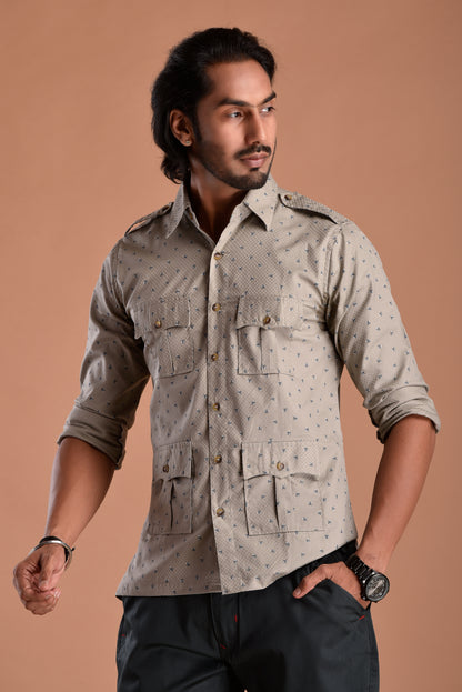 Green Tint Hunting Style Cotton printed Shirt