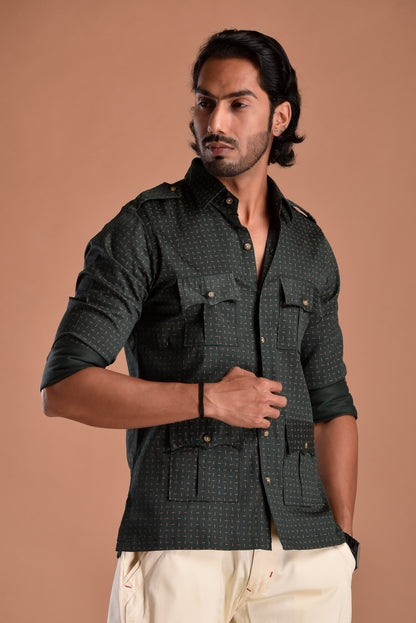 Dark Green Hunting Style Cotton printed Shirt