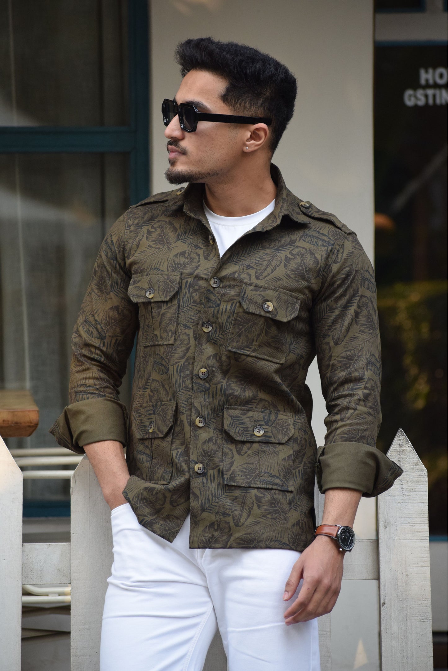 Military-Green cotton Hunting Style Shirt