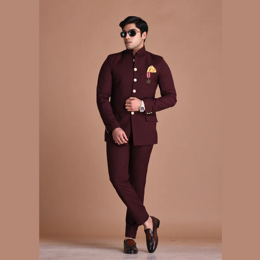 Bespoke Hand embroidered Wine Bandhgala with High-waisted pants