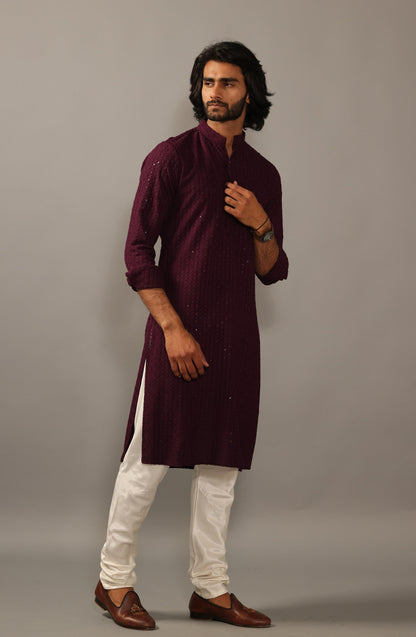 Handmade Wine Chikankaari Embroidered Kurta Pajama Set