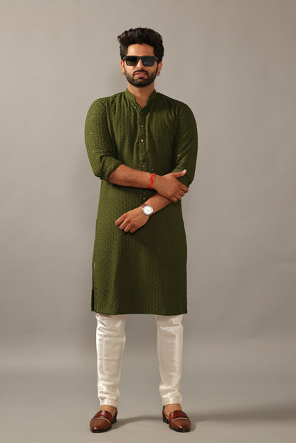 Handmade Battle Green Chikankaari Embroidered Kurta Pajama Set