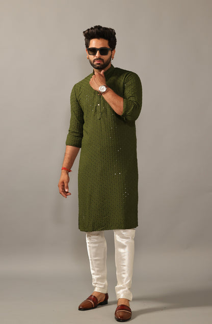 Handmade Battle Green Chikankaari Embroidered Kurta Pajama Set