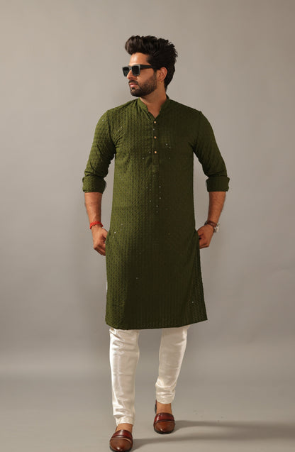 Handmade Battle Green Chikankaari Embroidered Kurta Pajama Set