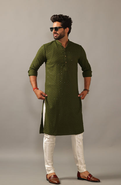 Handmade Battle Green Chikankaari Embroidered Kurta Pajama Set