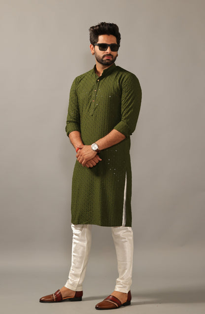 Handmade Battle Green Chikankaari Embroidered Kurta Pajama Set