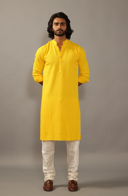 Handmade yellow Chikankaari Embroidered Kurta Pajama Set